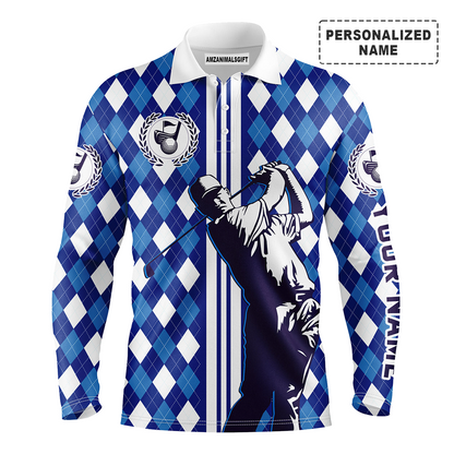 Personalized Name Golf Long sleeve Polo Shirts, Blue Argyle Pattern Men Golfing Apparel, Perfect Gift And Outfit For Golf Lovers, Team, Golfer