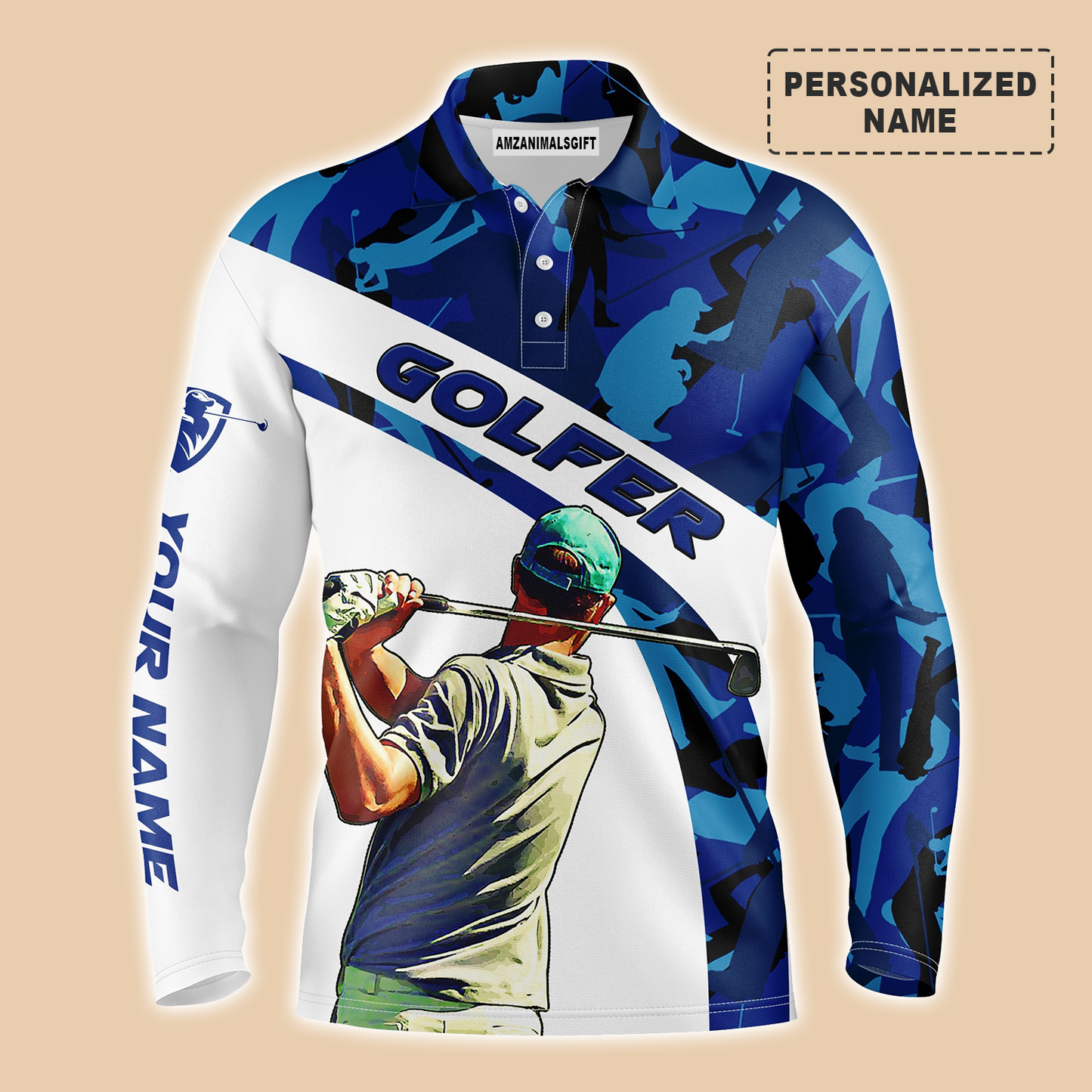 Golf Personalized Name Long Sleeve Polo Shirt Blue Camo Pattern Golfing Men Apparel, Best Outfit For Men, Golf Lover, Team, Golfer