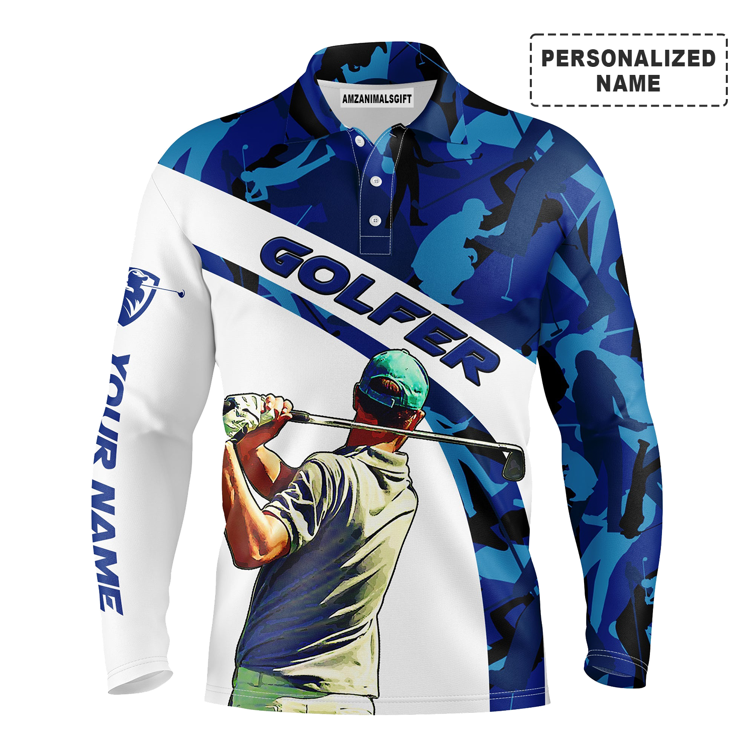 Golf Personalized Name Long Sleeve Polo Shirt Blue Camo Pattern Golfing Men Apparel, Best Outfit For Men, Golf Lover, Team, Golfer