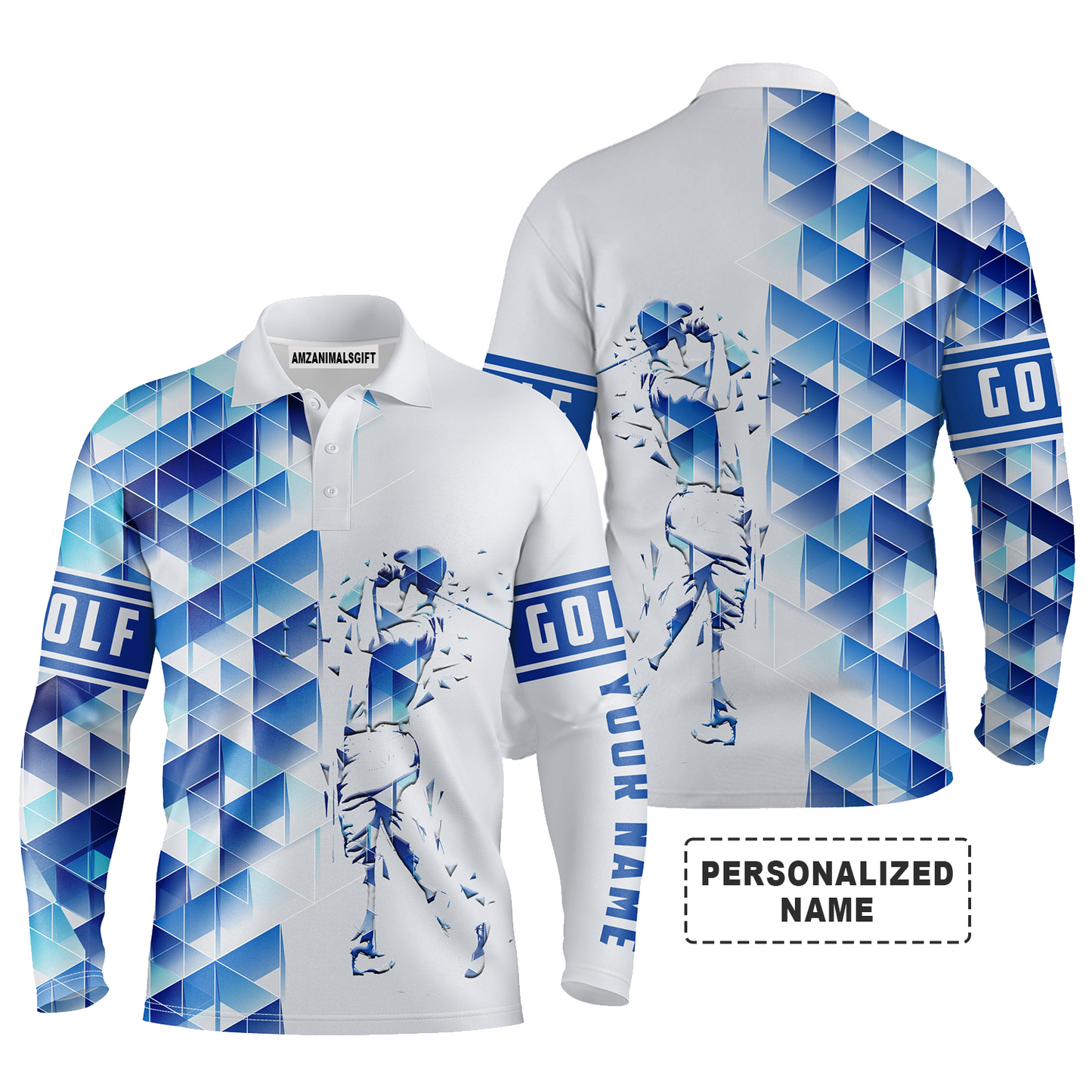Personalized Name Golf Long Sleeve Polo Shirt Blue Diamond Pattern Golfing Apparel, Best Gift And Outfit For Golf Lover, Golfer, Team