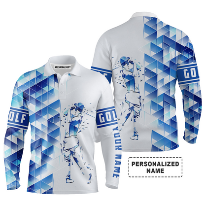 Personalized Name Golf Long Sleeve Polo Shirt Blue Diamond Pattern Golfing Apparel, Best Gift And Outfit For Golf Lover, Golfer, Team
