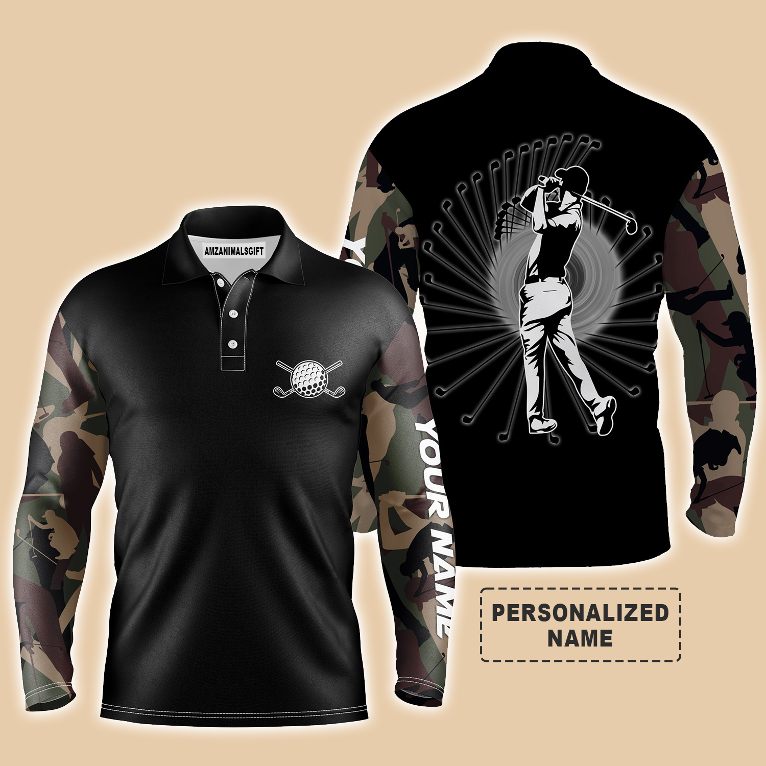 Golf Custom Name Long Sleeve Polo Shirt Camo Black Pattern, Personalized Best Gift For Golf Lovers, Team, Golfer