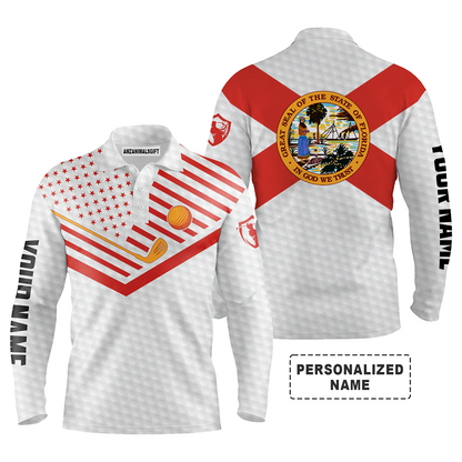 Personalized Name Golf Men Long Sleeve Polo Shirt, Florida Flag American Flag Apparel, Best Gift And Outfit For Golfer, Golf Team
