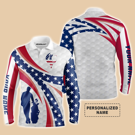 Golf Personalized Name Long Sleeve Polo Shirt Patriotic American Flag Golf Apparel, Best Outfit For Golf Lover, Team, Golfer, 4th July