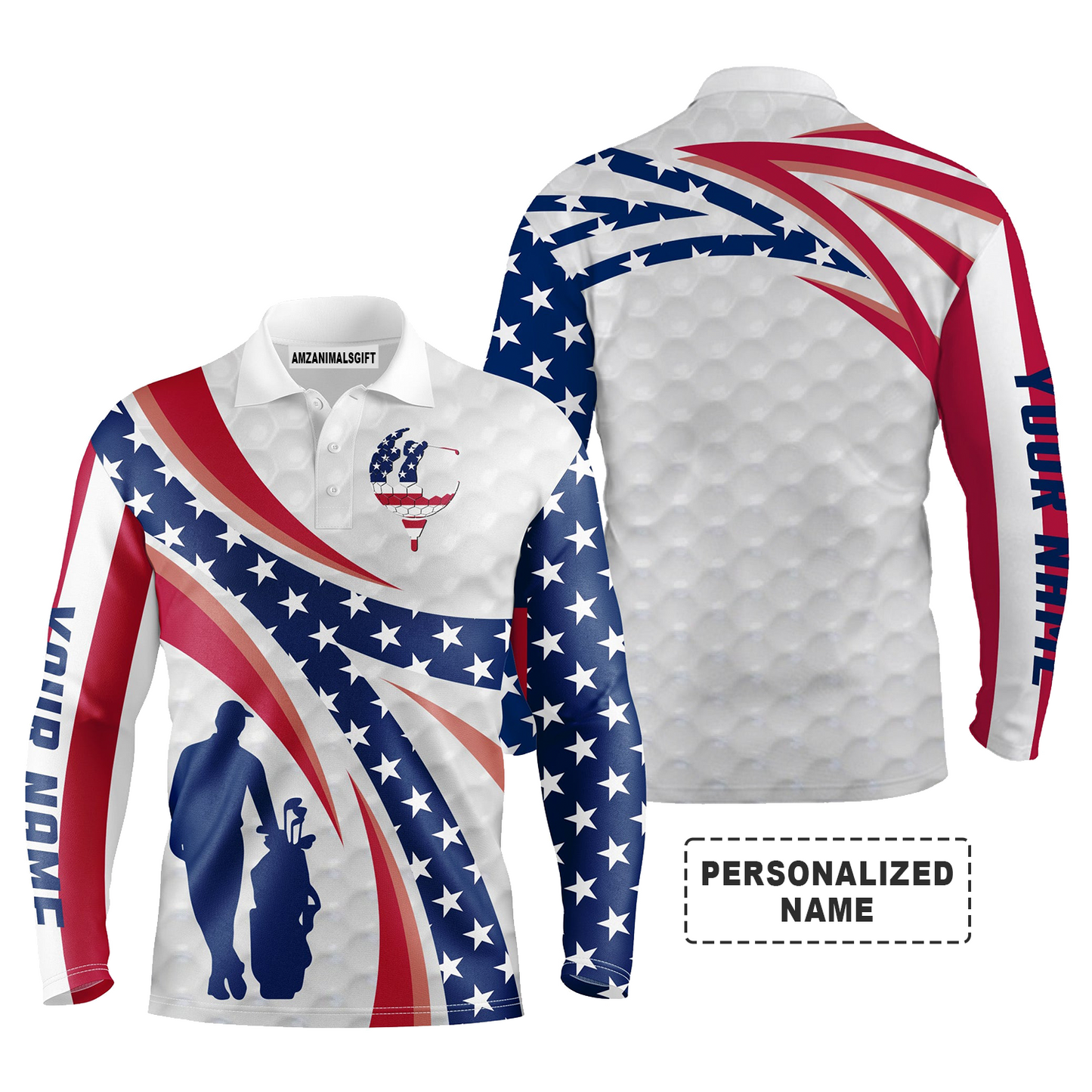 Golf Personalized Name Long Sleeve Polo Shirt Patriotic American Flag Golf Apparel, Best Outfit For Golf Lover, Team, Golfer, 4th July