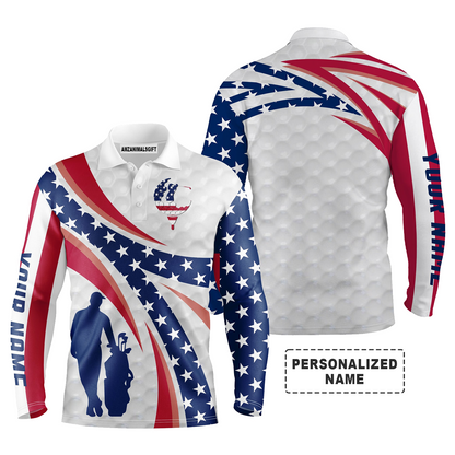 Golf Personalized Name Long Sleeve Polo Shirt Patriotic American Flag Golf Apparel, Best Outfit For Golf Lover, Team, Golfer, 4th July