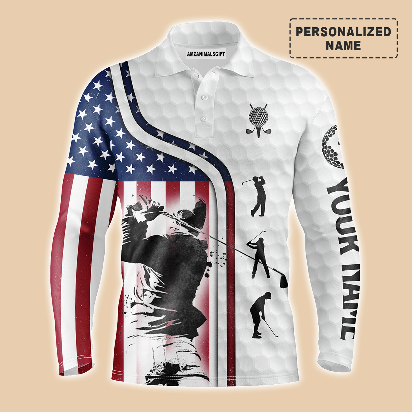 Golf Long Sleeve Polo Shirt Customized Name For Men Red White Blue American Flag Patriotic 4th Of July, Best Outfit For Golf Lover, Team, Golfer