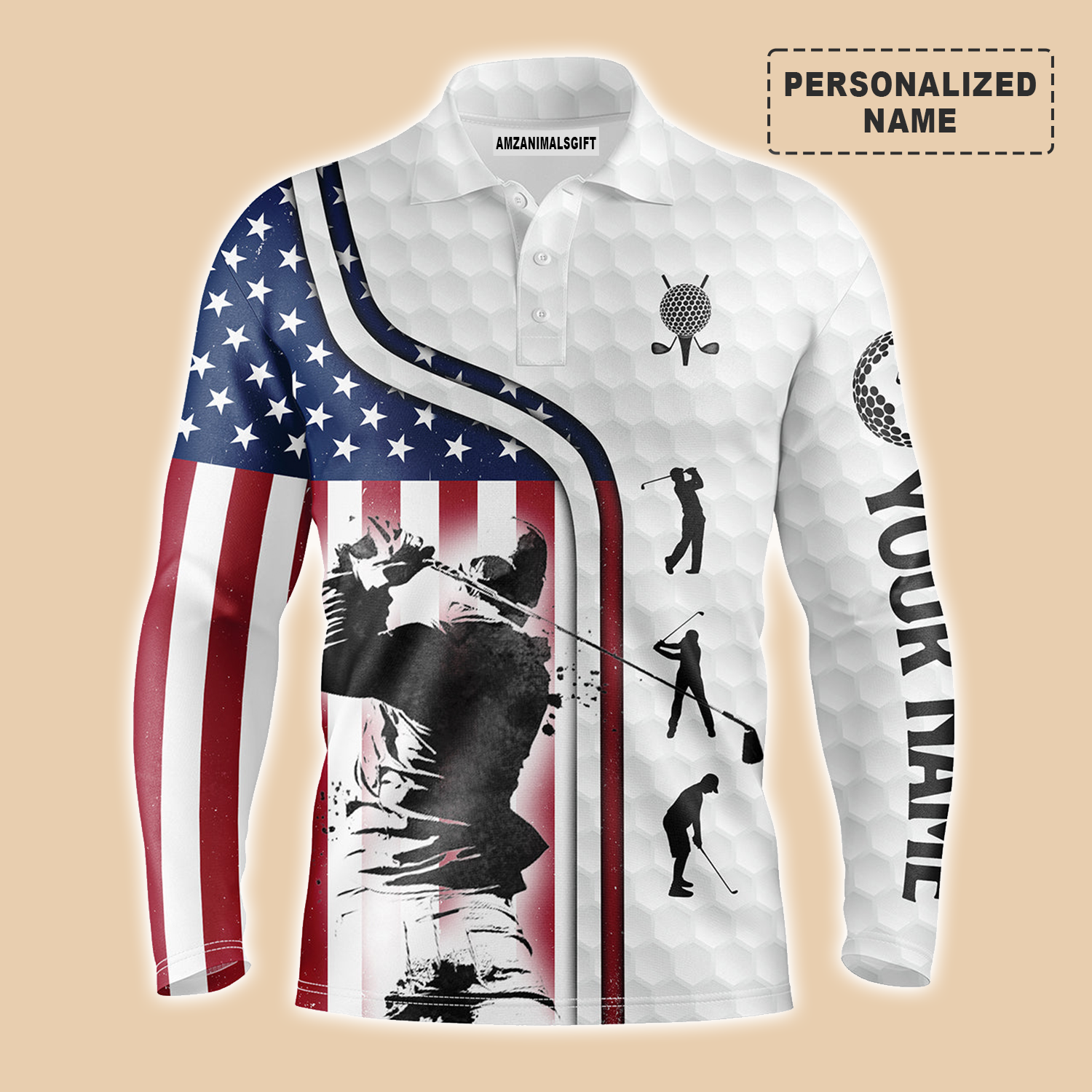 Golf Long Sleeve Polo Shirt Customized Name For Men Red White Blue American Flag Patriotic 4th Of July, Best Outfit For Golf Lover, Team, Golfer