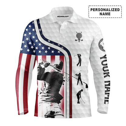 Golf Long Sleeve Polo Shirt Customized Name For Men Red White Blue American Flag Patriotic 4th Of July, Best Outfit For Golf Lover, Team, Golfer