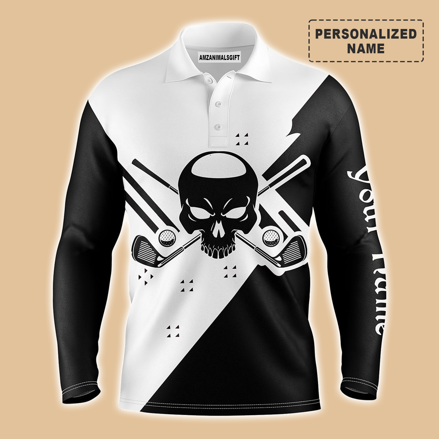 Golf Custom Name Men Long Sleeve Polo Shirt, Skull Black & White Golf Apparel, Best Gift And Outfit For Golf Lover, Team, Golfer