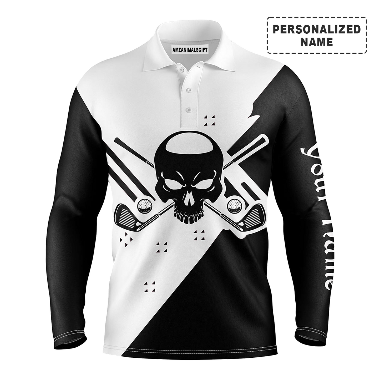 Golf Custom Name Men Long Sleeve Polo Shirt, Skull Black & White Golf Apparel, Best Gift And Outfit For Golf Lover, Team, Golfer