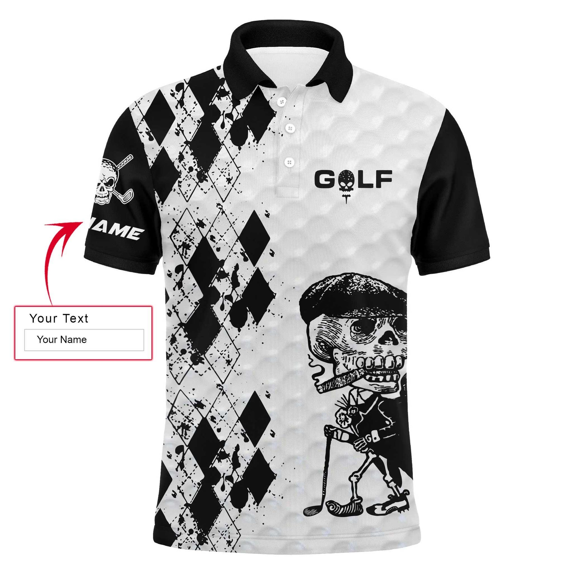 Golf Custom Name Men Polo Shirt - Black & White Argyle Pattern Skull Smoking Apparel - Personalized Best Gift For Golf Lover, Team, Golfer - Amzanimalsgift