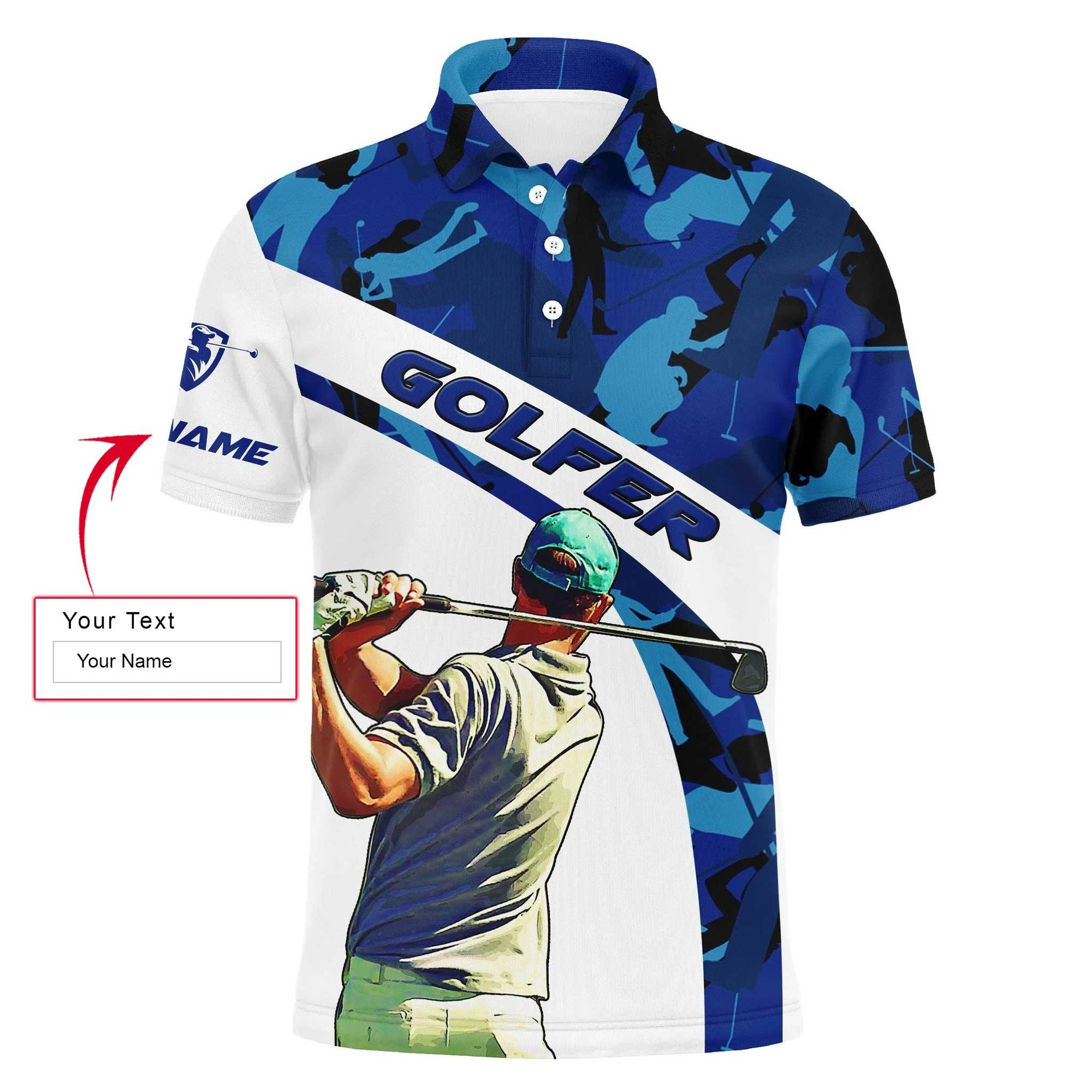 Golf Custom Name Men Polo Shirt - Blue Camo Pattern Golfing Apparel - Personalized Best Gift For Golf Lover, Team, Golfer - Amzanimalsgift