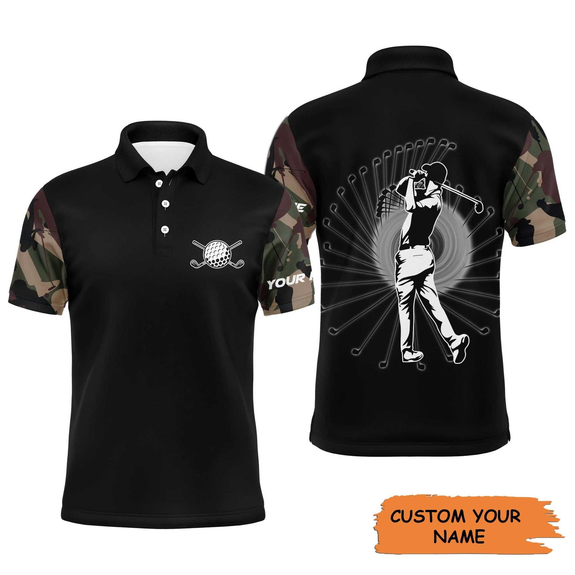 Golf Custom Name Men Polo Shirt - Camo Black Pattern Men Golfing Apparel - Personalized Best Gift For Golf Lover, Team, Golfer - Amzanimalsgift