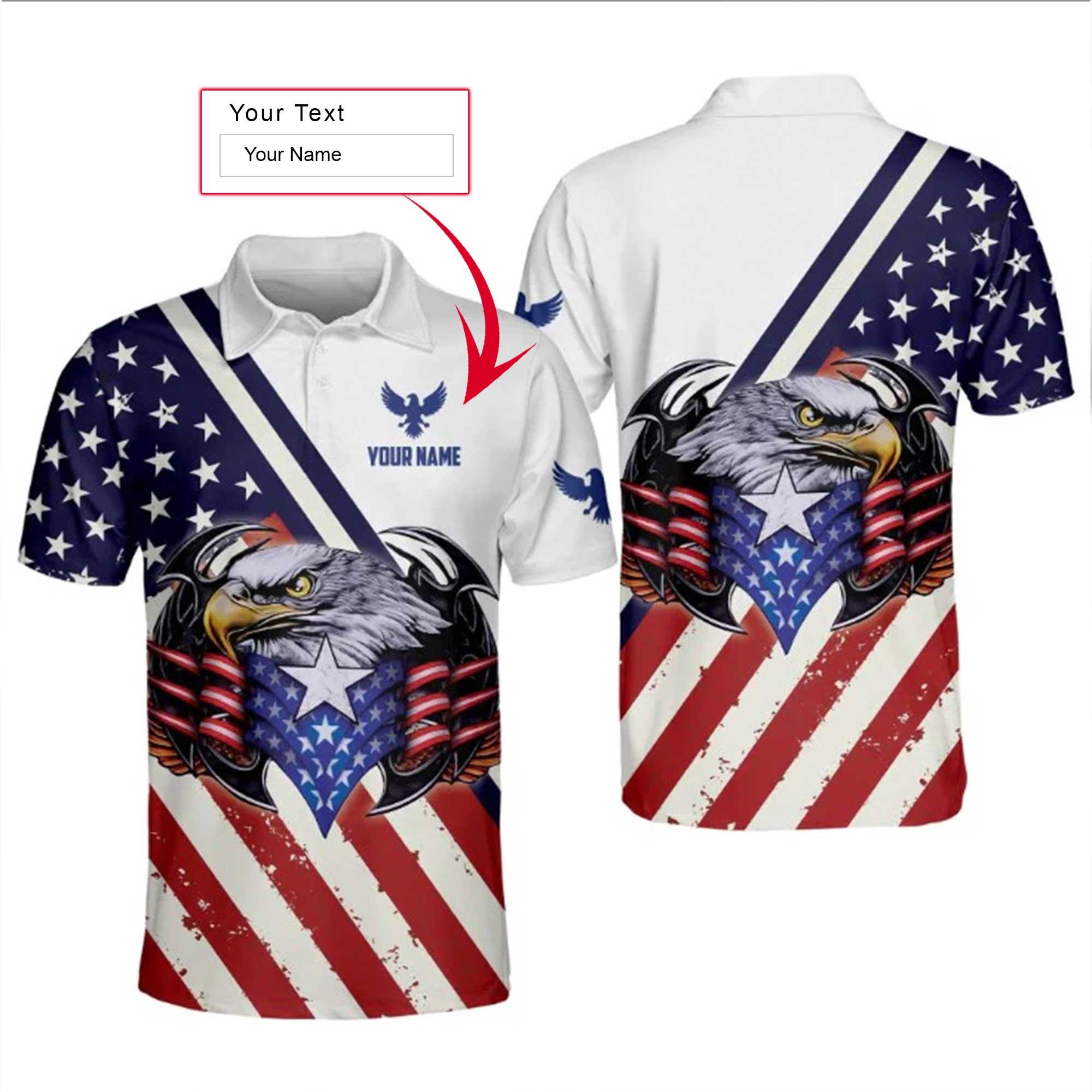 Golf Custom Name Men Polo Shirt, Personalized Eagle US Flag Patriotic Independence Day Polo Shirts For Men, 4th Of July Gift For Golfers, Golf Lovers - Amzanimalsgift