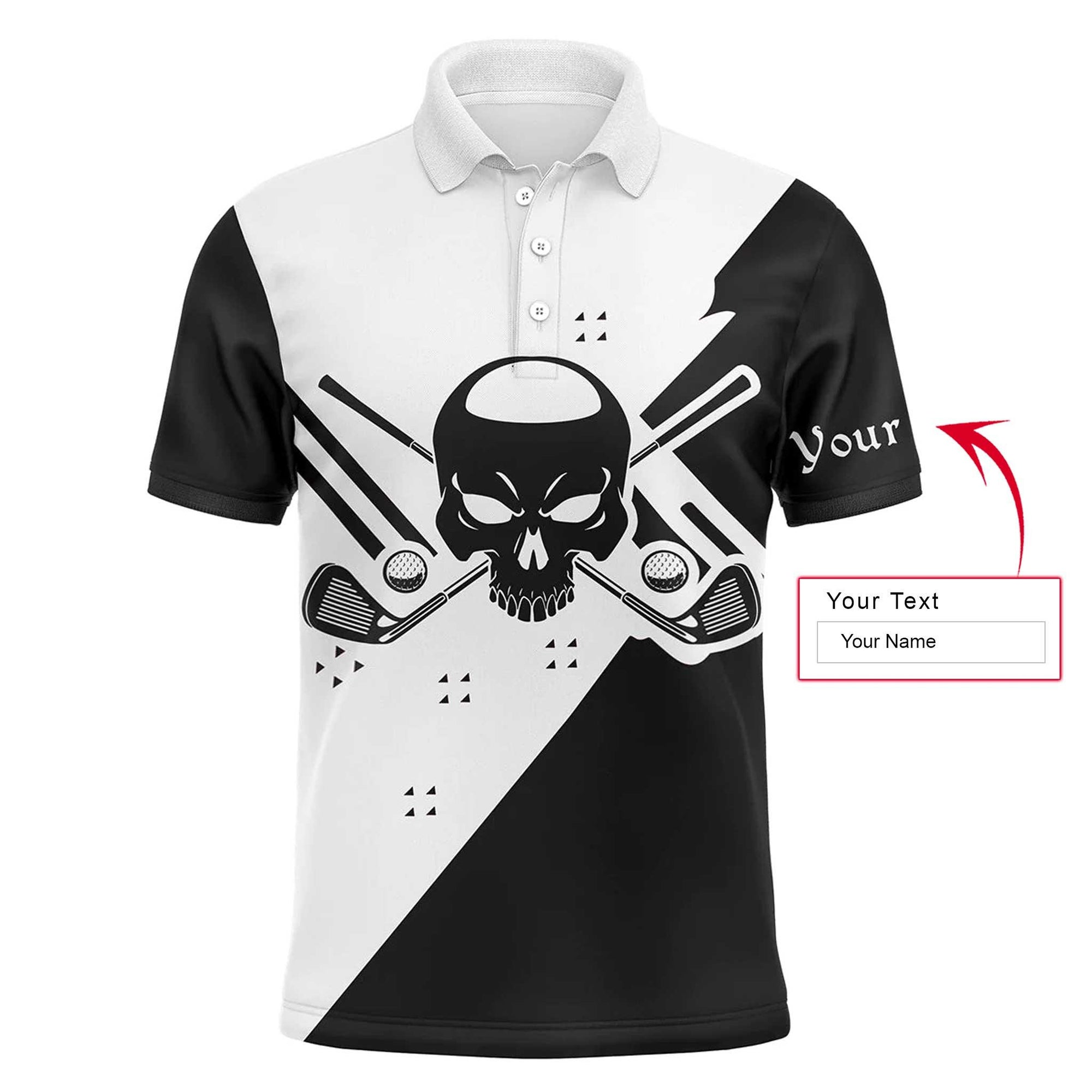 Golf Custom Name Men Polo Shirt - Skull Black & White Apparel Men Polo Shirt- Personalized Best Gift For Golf Lover, Team, Golfer - Amzanimalsgift