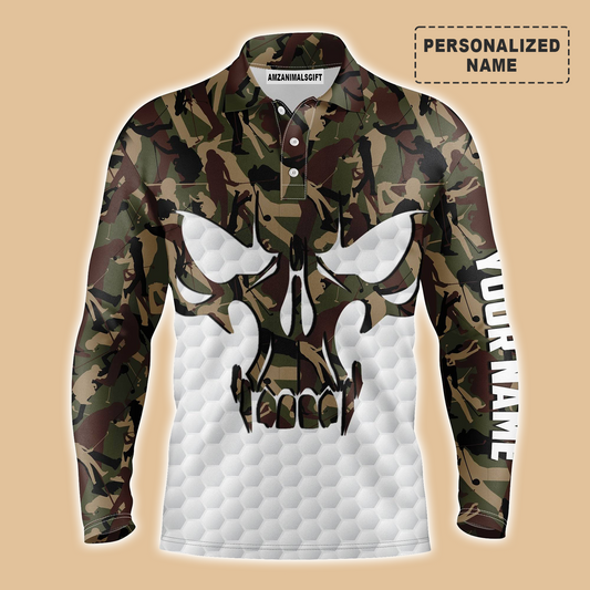 Golf Personalized Name Men Long Polo Shirt, Skull Camo Pattern Golf Apparel, Best Gift And Outfit For Golf Lover, Golfer, Golf Team