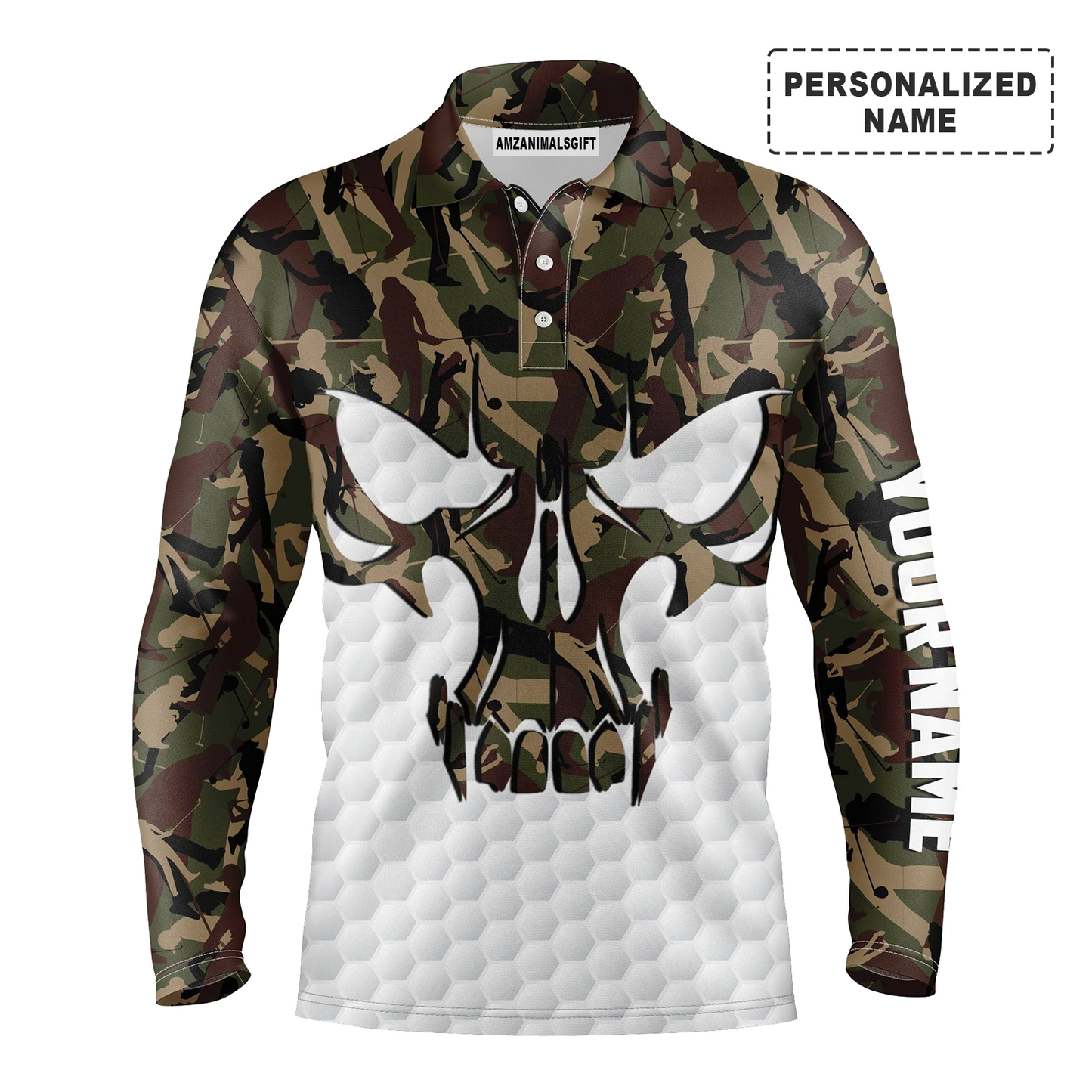 Golf Personalized Name Men Long Polo Shirt, Skull Camo Pattern Golf Apparel, Best Gift And Outfit For Golf Lover, Golfer, Golf Team