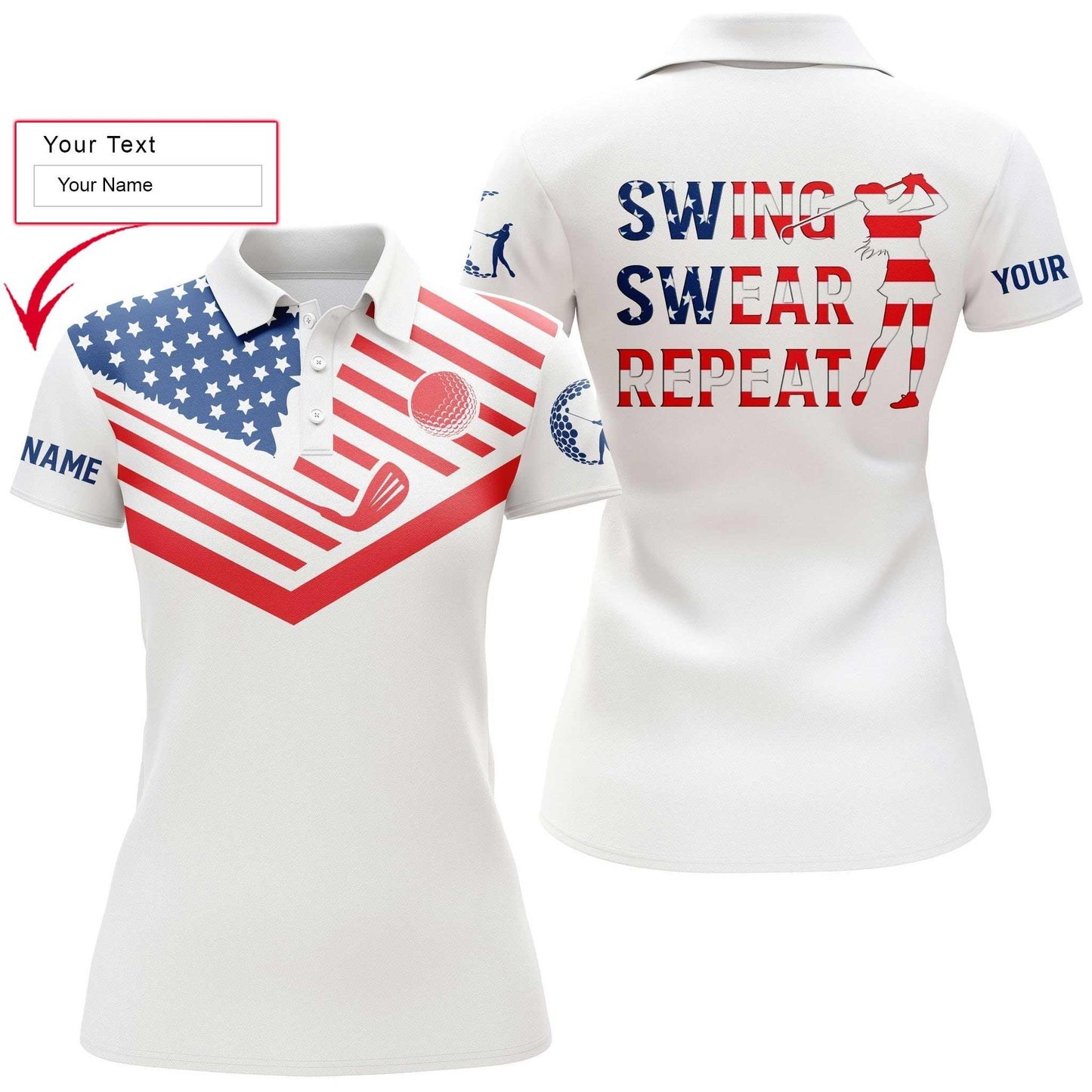 Golf Custom Name Women Polo Shirt, American Flag 4th of July Patriot Swing Swear Repeat Personalized Women Polo Shirts, Gift For Ladies, Golfers - Amzanimalsgift