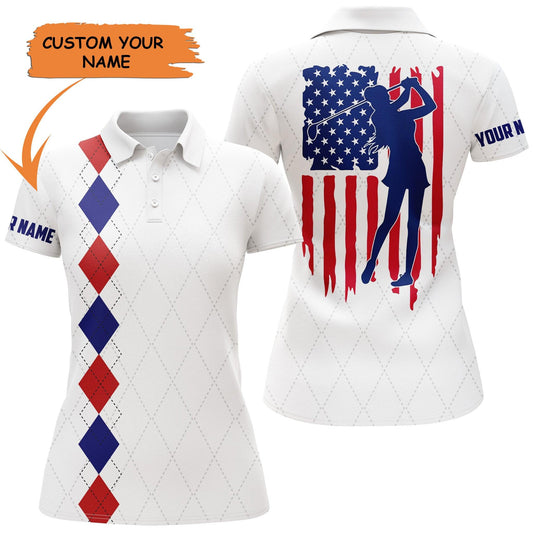 Golf Custom Name Women Polo Shirt, American Flag Patriotic Argyle Pattern Personalized Women Polo Shirt, Perfect Gift For Ladies, Golfers, Golf Lovers - Amzanimalsgift