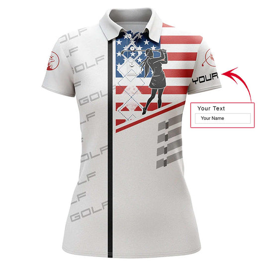 Golf Custom Name Women Polo Shirt, American Flag Patriotic Personalized White Women Polo Shirts, Best Golfing Gift For Ladies, Golfers, Golf Lovers - Amzanimalsgift