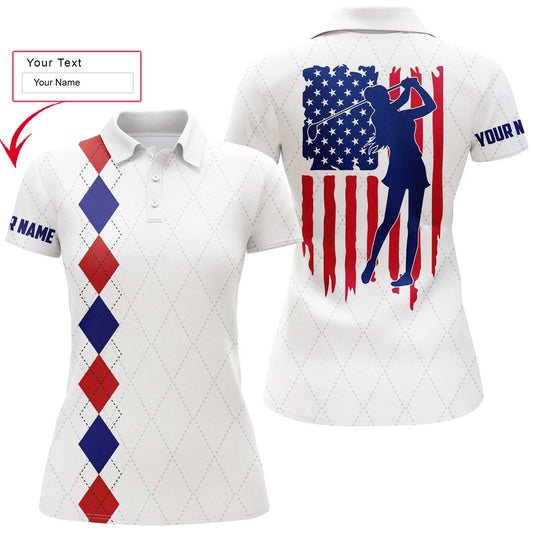 Golf Custom Name Women Polo Shirt, American Flag Patriotic Personalized Women Polo Shirts, Best Golfing Gift For Ladies, Golfers, Golf Lovers - Amzanimalsgift