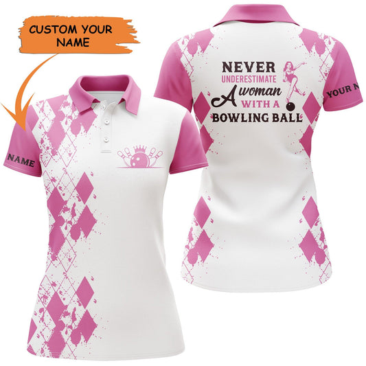 Golf Custom Name Women Polo Shirt, Argyle Pattern A Woman With A Bowling Ball Personalized Women Polo Shirt - Gift For Ladies, Golfers, Golf Lovers - Amzanimalsgift