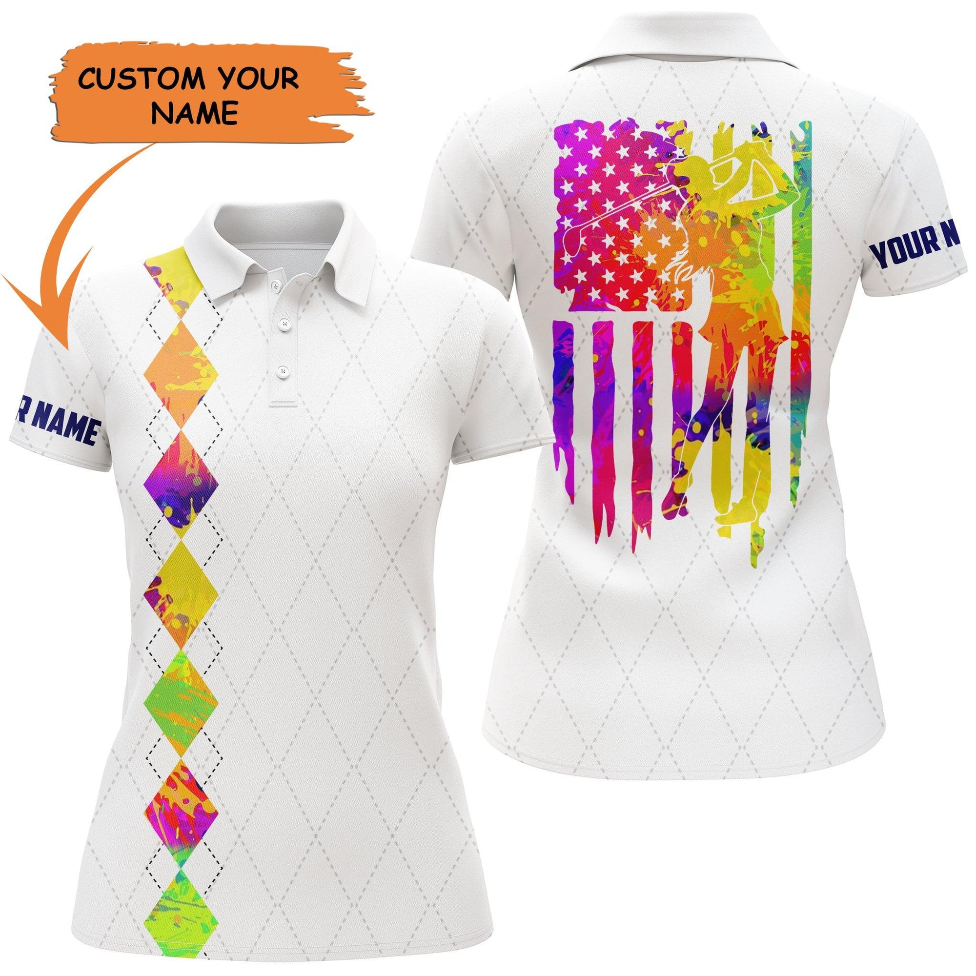 Golf Custom Name Women Polo Shirt, Argyle Pattern American flag Patriotic Personalized Women Polo Shirt, Perfect Gift For Ladies, Golfers, Golf Lovers - Amzanimalsgift