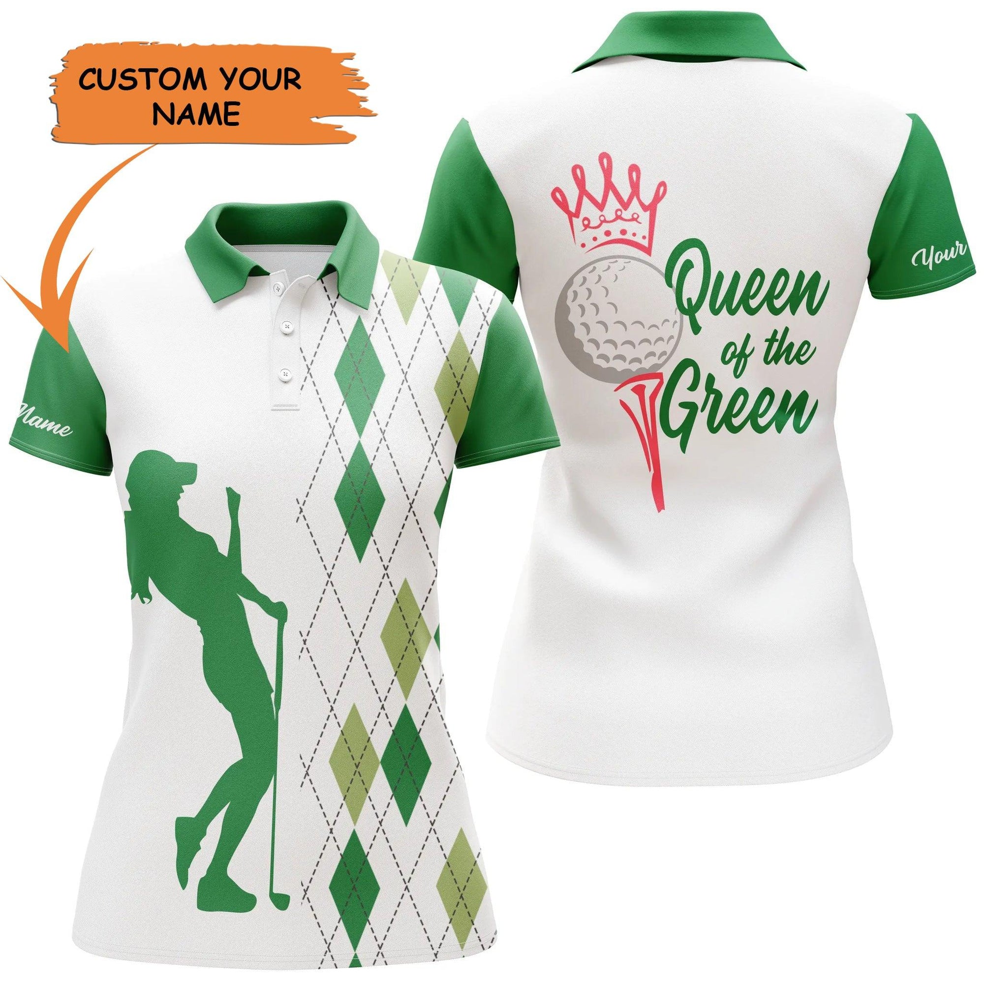 Golf Custom Name Women Polo Shirt, Argyle Plaid White Green Personalized Women Polo Shirt - Perfect Gift For Ladies, Golfers, Golf Lovers - Amzanimalsgift