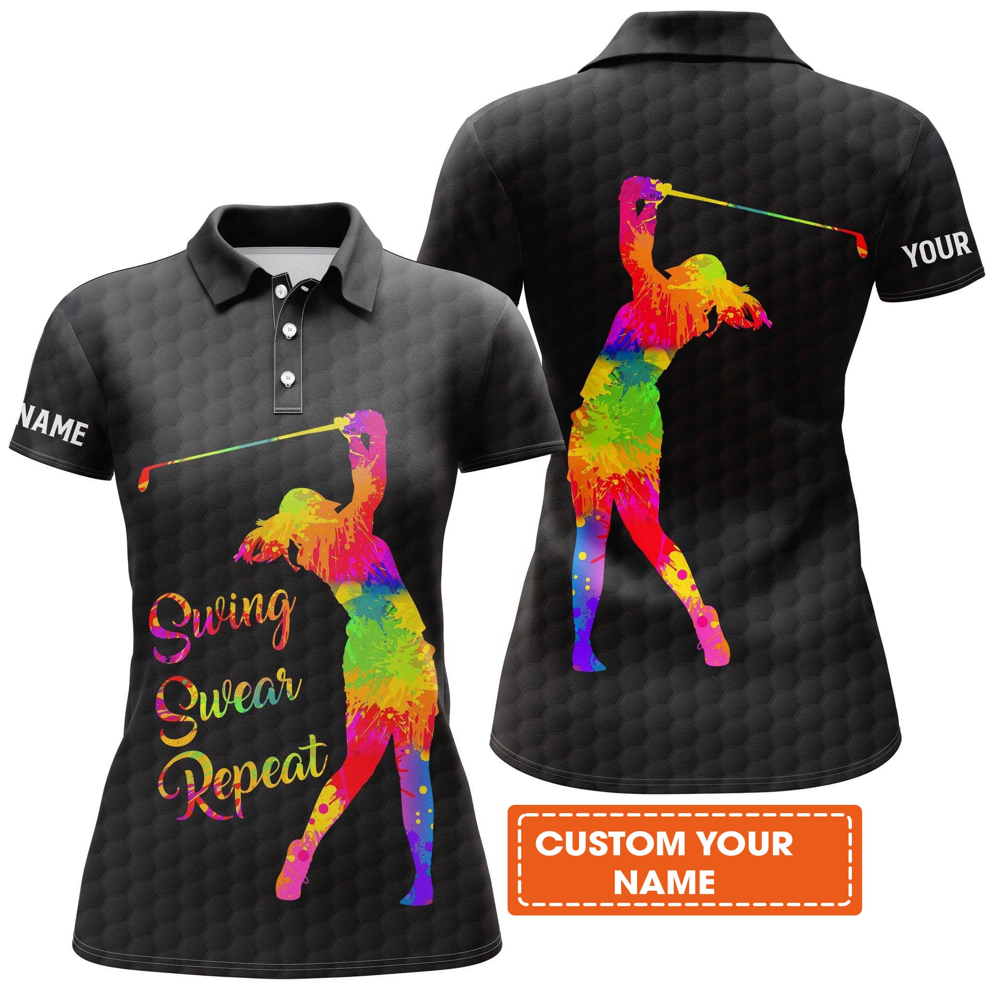 Golf Custom Name Women Polo Shirt, Black & White Watercolor Swing Swear Repeat Personalized Women Polo Shirt - Gift For Ladies, Golf Lovers, Golfers