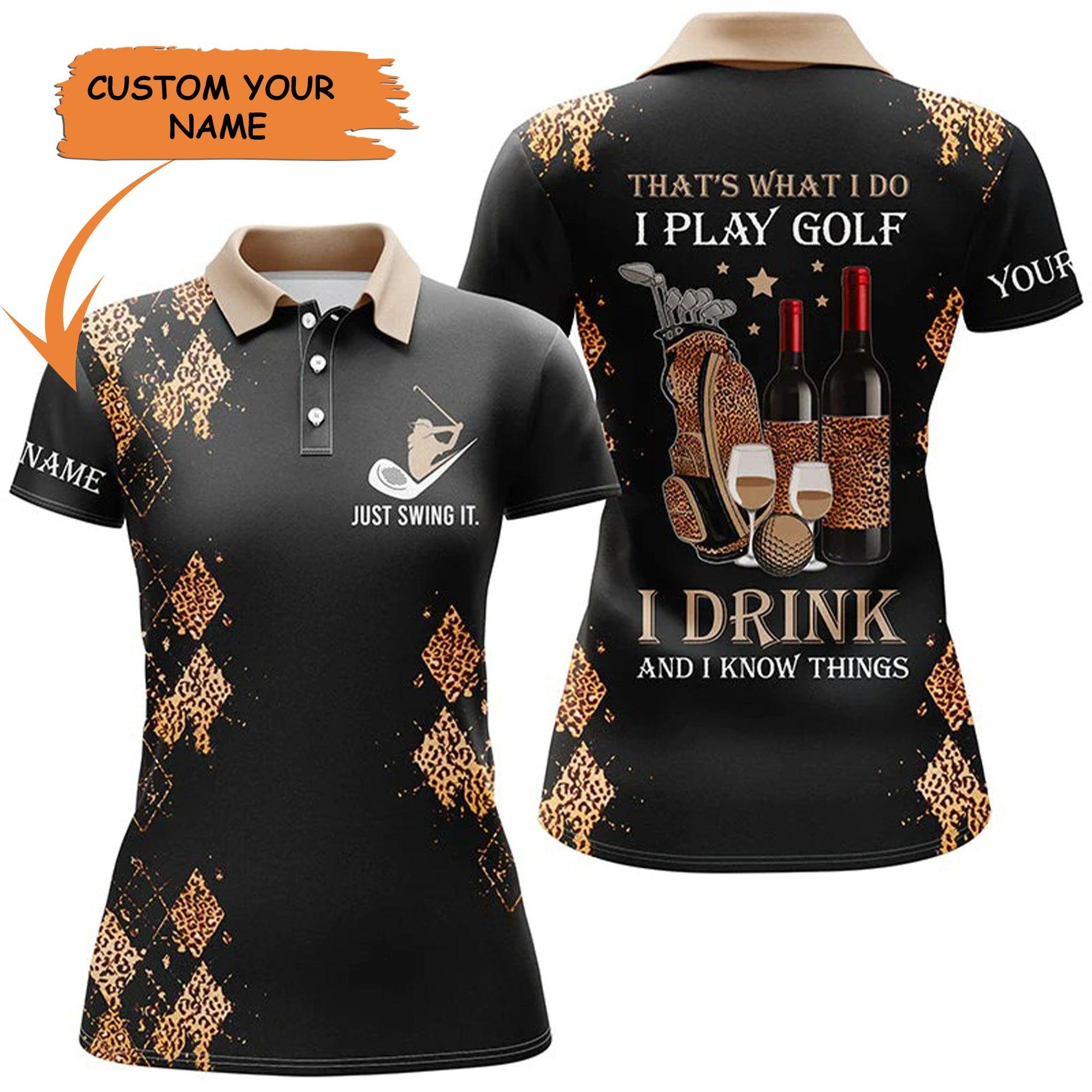 Golf Custom Name Women Polo Shirt, Black Leopard Funny Golf And Wine Personalized Women Polo Shirt - Perfect Gift For Ladies, Golf Lovers, Golfers - Amzanimalsgift