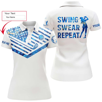 Golf Custom Name Women Polo Shirt, Blue Pattern American Flag, Swing Swear Repeat Personalized Women Polo Shirts, Gift For Ladies, Golfers, Golf Lover - Amzanimalsgift