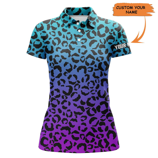 Golf Custom Name Women Polo Shirt, Blue Purple Neon Leopard Pattern Personalized Women Polo Shirt - Perfect Gift For Ladies, Golf Lovers, Golfers - Amzanimalsgift