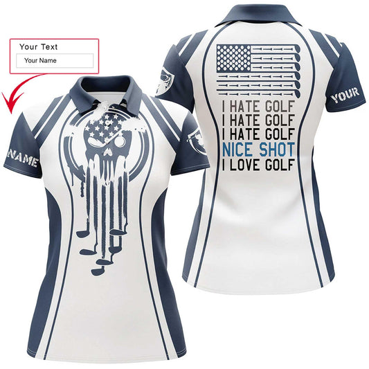 Golf Custom Name Women Polo Shirt, Blue Skull I Hate Golf Nice Shot I Love Golf Personalized Women Polo Shirts, Gift For Ladies, Golfers, Golf Lovers - Amzanimalsgift