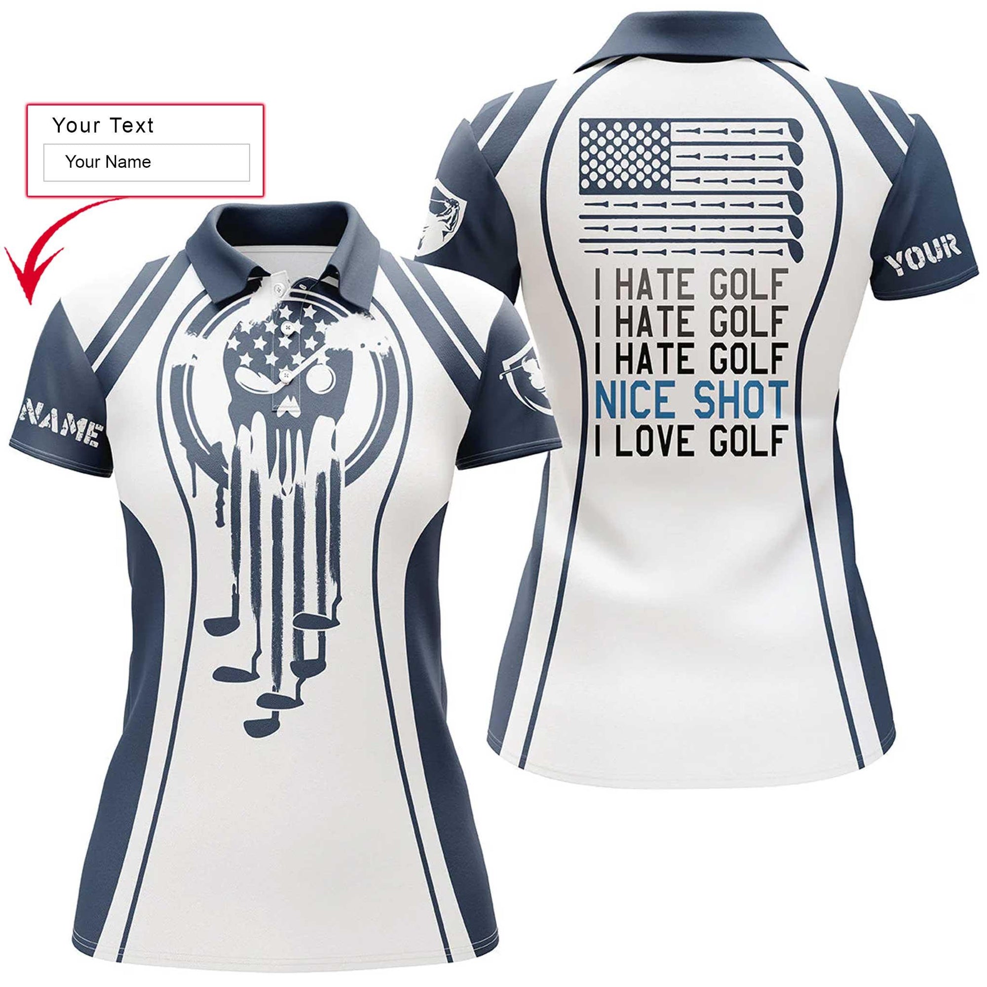 Golf Custom Name Women Polo Shirt, Blue Skull I Hate Golf Nice Shot I Love Golf Personalized Women Polo Shirts, Gift For Ladies, Golfers, Golf Lovers - Amzanimalsgift