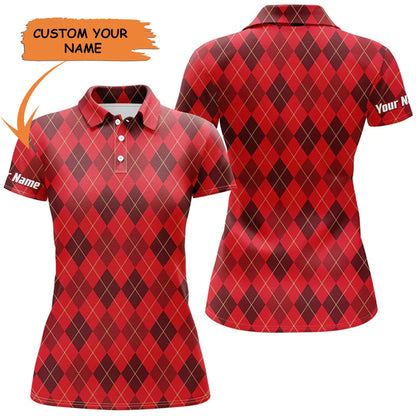 Golf Custom Name Women Polo Shirt, Christmas Argyle Pattern Personalized Women Polo Shirt - Perfect Gift For Ladies, Golf Lovers, Golfers - Amzanimalsgift