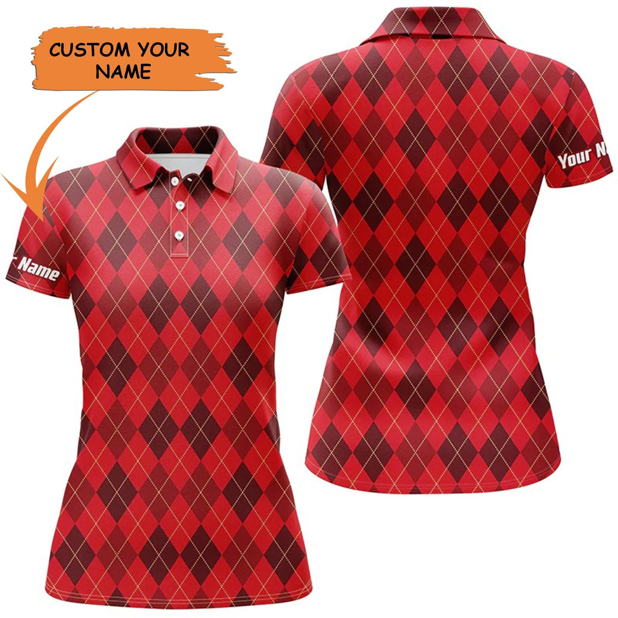 Golf Custom Name Women Polo Shirt, Christmas Argyle Pattern Personalized Women Polo Shirt - Perfect Gift For Ladies, Golf Lovers, Golfers - Amzanimalsgift