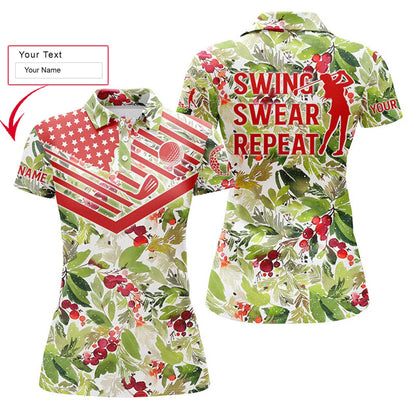 Golf Custom Name Women Polo Shirt, Christmas Pattern American Flag, Swing Swear Repeat Golf Personalized Women Polo Shirts, Gift For Ladies, Golfers - Amzanimalsgift