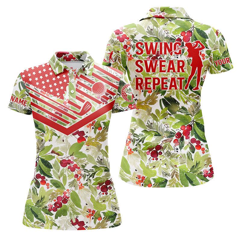 Golf Custom Name Women Polo Shirt, Christmas Pattern American Flag, Swing Swear Repeat Golf Personalized Women Polo Shirts, Gift For Ladies, Golfers - Amzanimalsgift