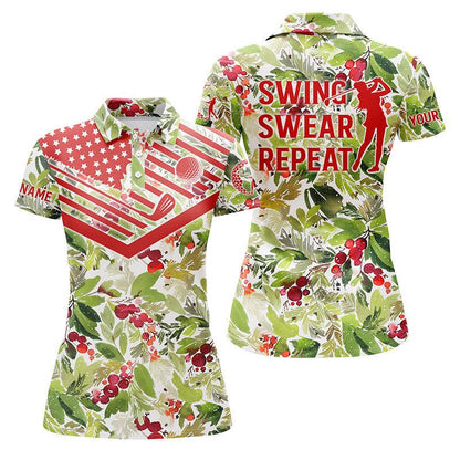Golf Custom Name Women Polo Shirt, Christmas Pattern American Flag, Swing Swear Repeat Golf Personalized Women Polo Shirts, Gift For Ladies, Golfers - Amzanimalsgift