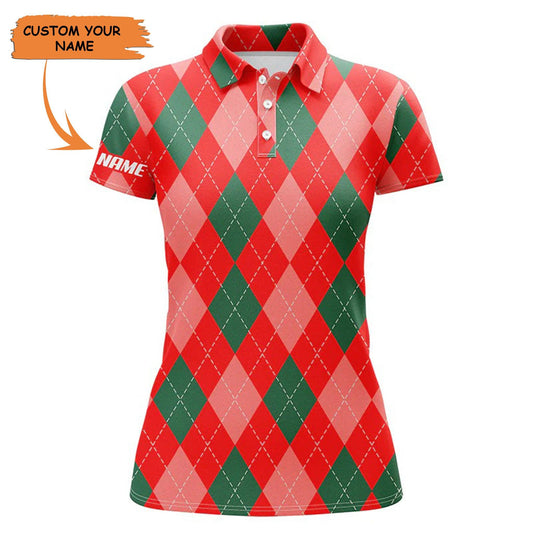 Golf Custom Name Women Polo Shirt, Christmas Plaid Argyle Red Pattern Personalized Women Polo Shirt - Perfect Gift For Ladies, Golf Lovers, Golfers - Amzanimalsgift