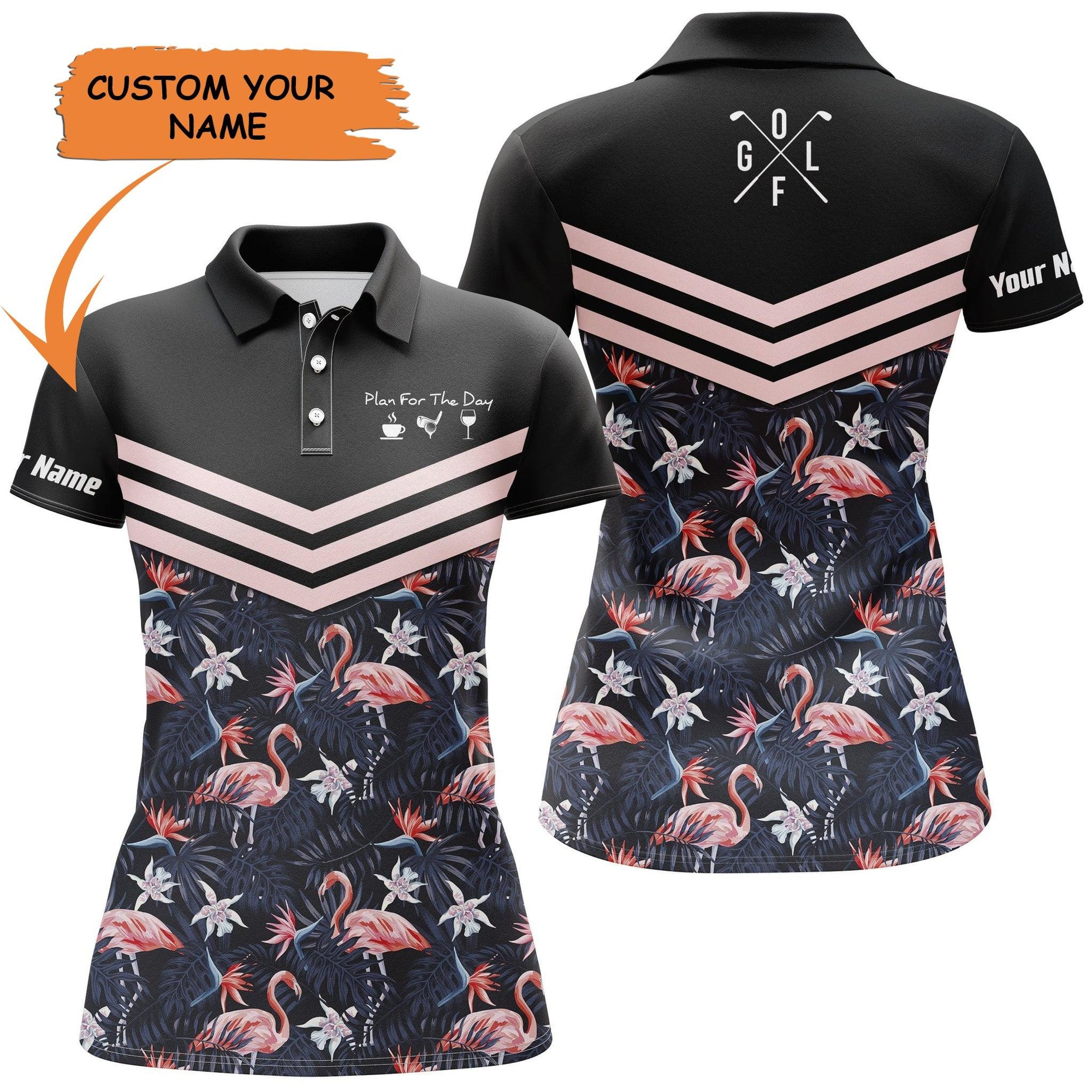 Golf Custom Name Women Polo Shirt, Coffee Golf Wine Tropical Leaf Flamingo Personalized Women Polo Shirt - Gift For Ladies, Golf Lovers, Golfers - Amzanimalsgift
