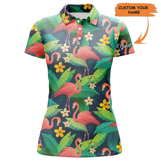 Golf Custom Name Women Polo Shirt, Colorful Flamingo Green Tropical Leaves Personalized Women Polo Shirt - Gift For Ladies, Golf Lovers, Golfers - Amzanimalsgift