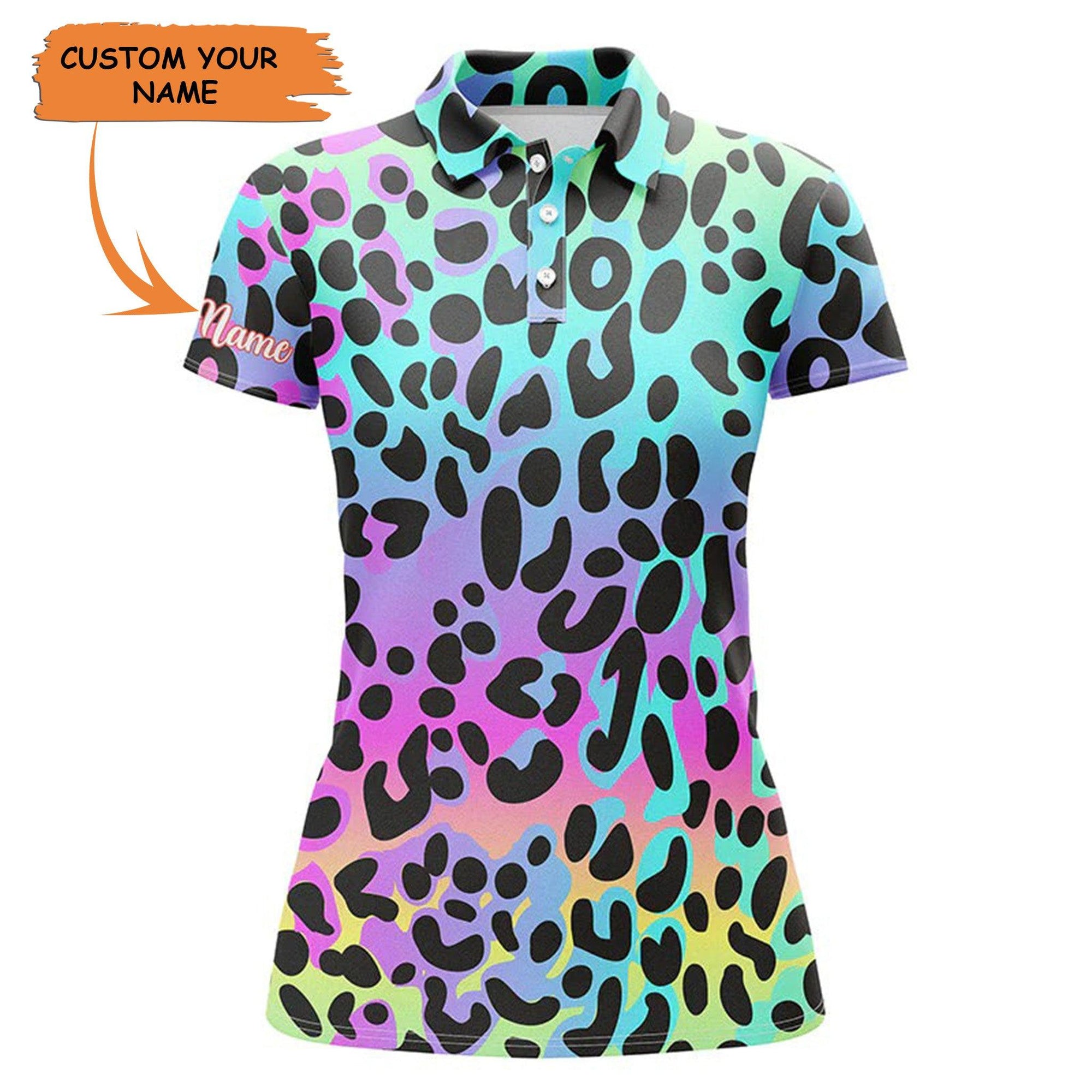 Golf Custom Name Women Polo Shirt, Colorful Neon Rainbow Leopard Personalized Women Polo Shirt - Perfect Gift For Ladies, Girls, Golf Lovers, Golfers - Amzanimalsgift