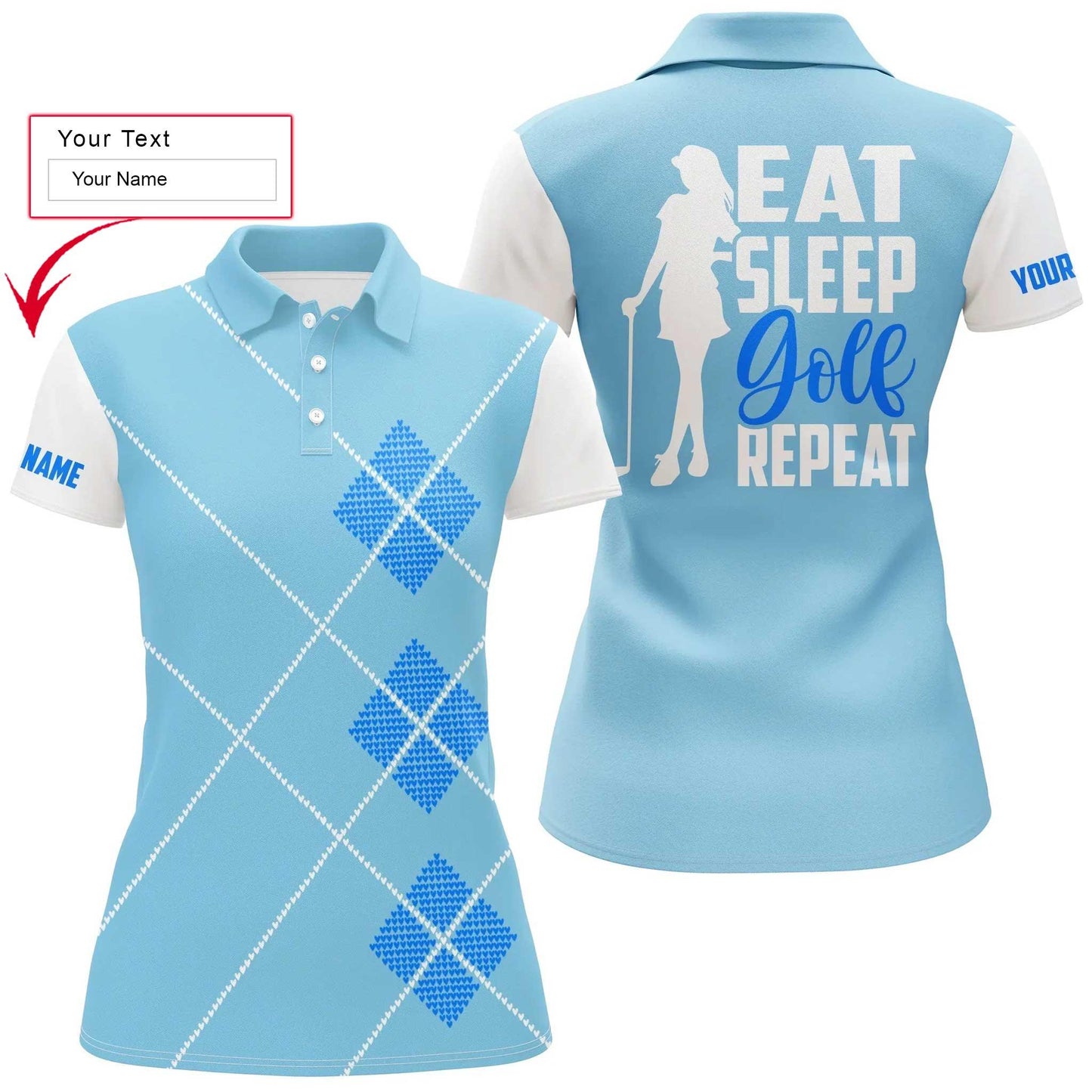 Golf Custom Name Women Polo Shirt, Eat Sleep Golf Repeat Green Argyle Pattern Personalized Women Polo Shirts, Gift For Ladies, Golfers, Golf Lovers - Amzanimalsgift