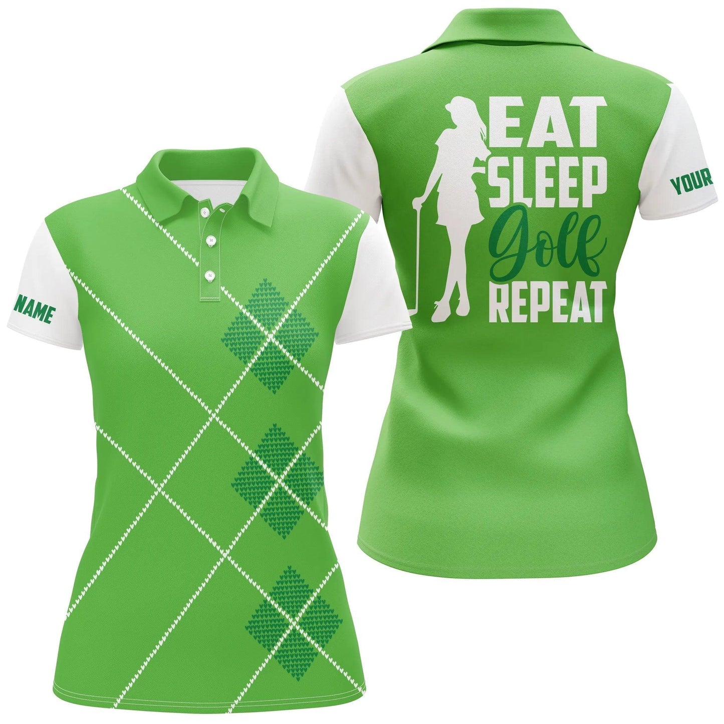 Golf Custom Name Women Polo Shirt, Eat Sleep Golf Repeat Green Argyle Pattern Personalized Women Polo Shirts, Gift For Ladies, Golfers, Golf Lovers - Amzanimalsgift