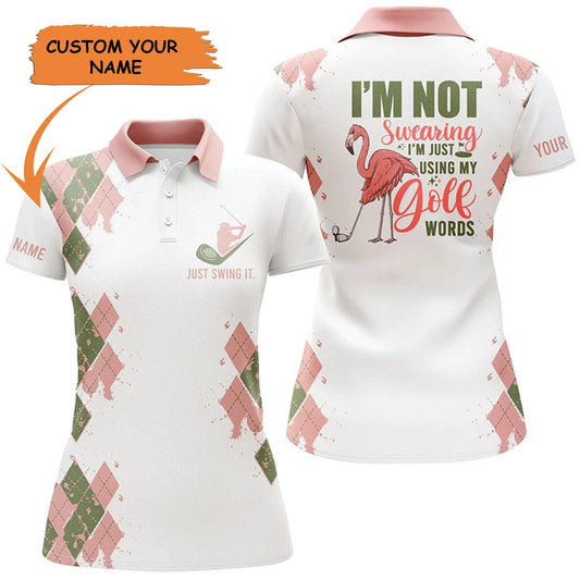 Golf Custom Name Women Polo Shirt, Funny Flamingo Argyle Pattern Golf Words Personalized Women Polo Shirt - Gift For Ladies, Golf Lovers, Golfers - Amzanimalsgift