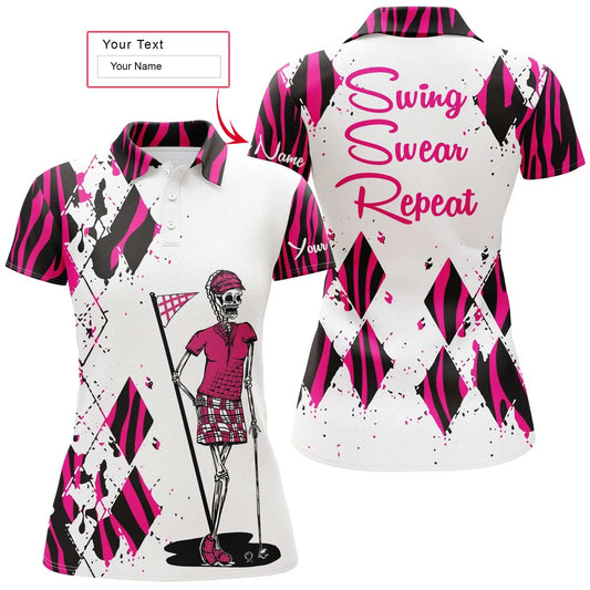 Golf Custom Name Women Polo Shirt, Funny Golf Skull Pink Zebra Pattern Swing Swear Repeat Personalized Women Polo Shirts, Gift For Ladies, Golfers - Amzanimalsgift