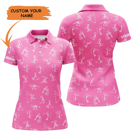 Golf Custom Name Women Polo Shirt, Funny Golf Stick Figure Stickman Pattern Personalized Women Polo Shirt - Gift For Ladies, Golf Lovers, Golfers - Amzanimalsgift