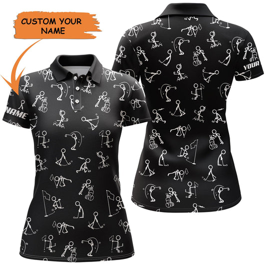 Golf Custom Name Women Polo Shirt, Funny Golf Stick Figure Stickman Pattern Personalized Women Polo Shirt - Gift For Ladies, Golf Lovers, Golfers - Amzanimalsgift